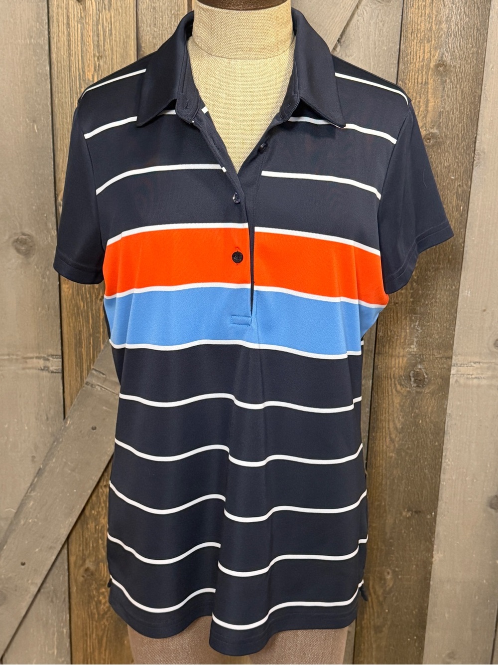 J.Lindeberg Women’s XL Golf Polo Navy Striped Orange Blue Performance Shirt